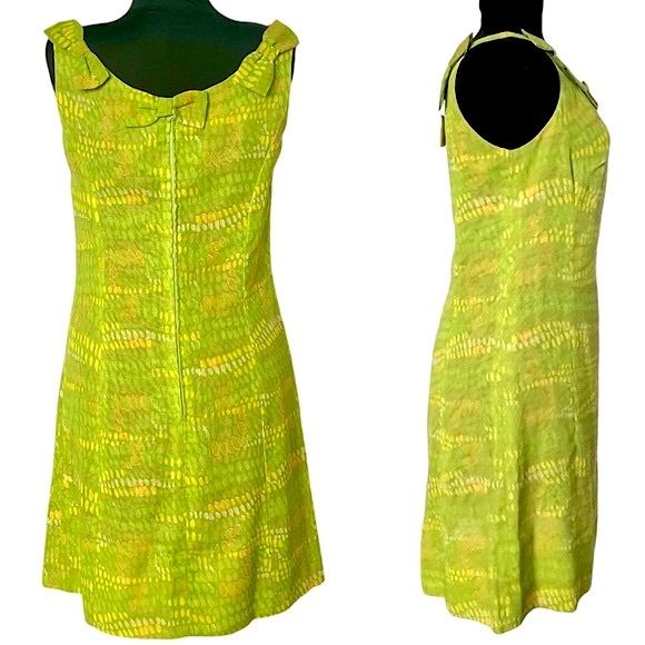60s Mini Dress Bow Tie Design Lime Green Vintage Minidress Sleeveless Lime Green - Picture 3 of 8